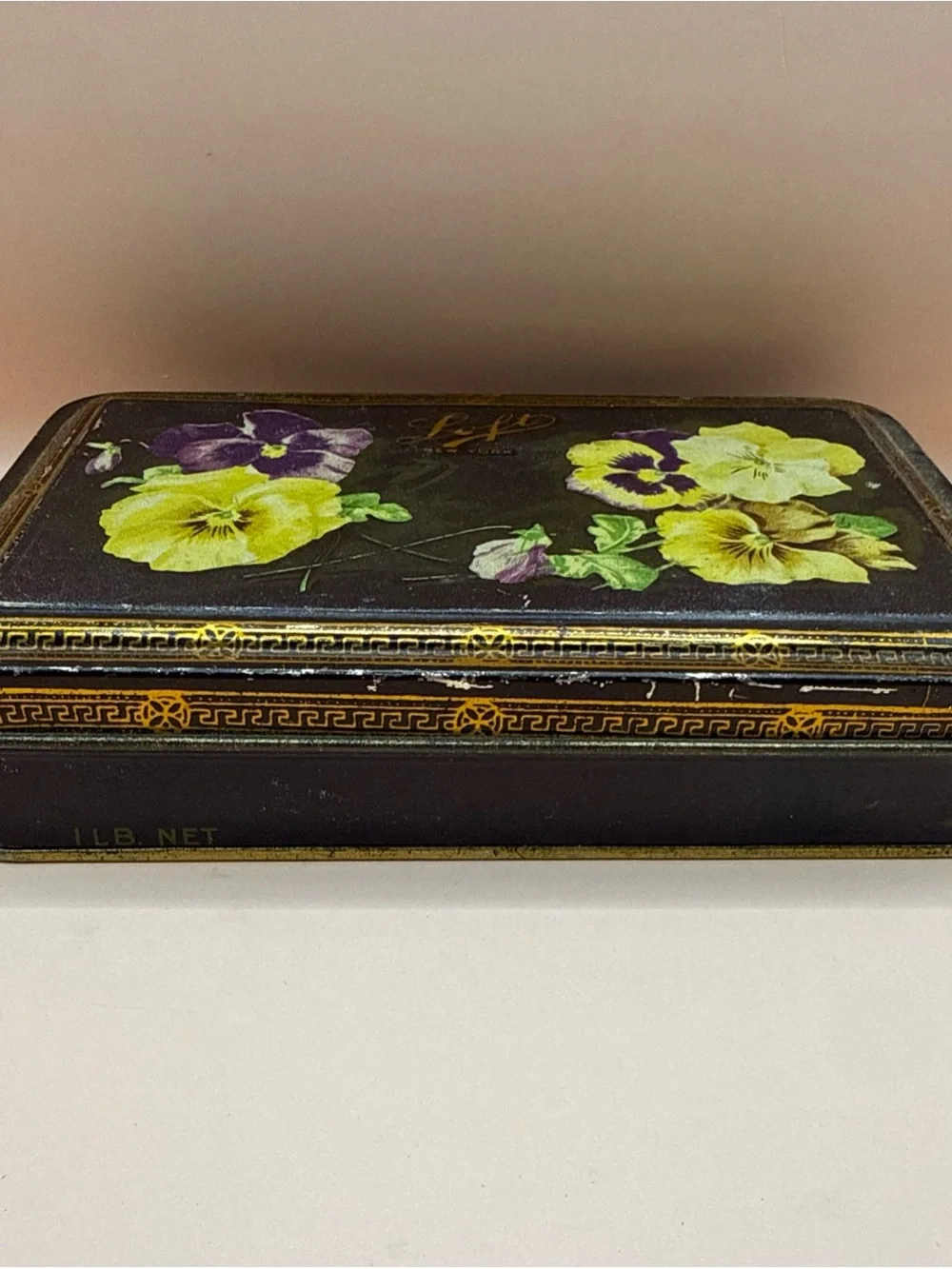 Antique Advertisement Tin Chocolate Candy Box Pansy Flowers LOFT NY Flip Top Lid